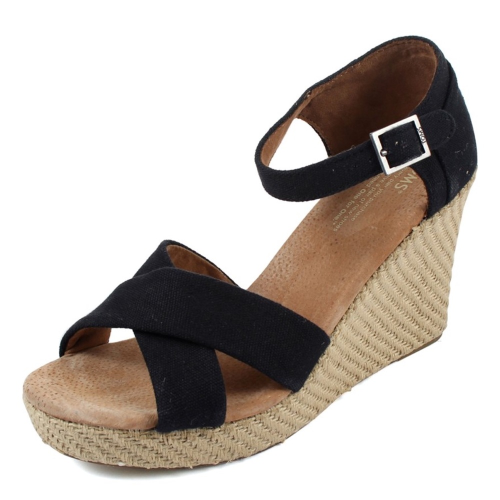 [TOMS] Black Canvas Strappy Open-Toe Espadrille Sandals Wedges Womens 10 w/ Box - Picture 3 of 16